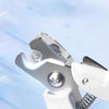 A close-up view of a white professional LED pet nail clipper with silver accents against a light blue background.