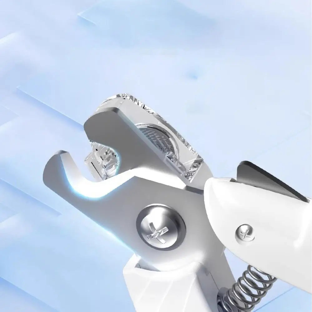A close-up view of a white professional LED pet nail clipper with silver accents against a light blue background.