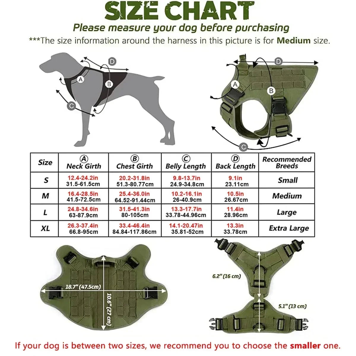 Size chart for a tactical dog harness showing measurements and different sizes