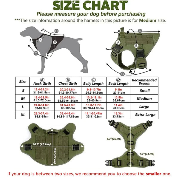 Size chart for a tactical dog harness showing measurements and different sizes