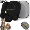 Three black and gray reusable double-sided pet hair removal gloves shown with a cat and kitten.