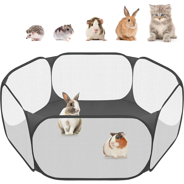A foldable transparent pet playpen showing various small animals including a hedgehog, mouse, rabbit, and cat.