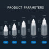 Diagram showing precision liquid droppers with various volumes from 3ml to 20ml, detailing total height and bottle body dimen