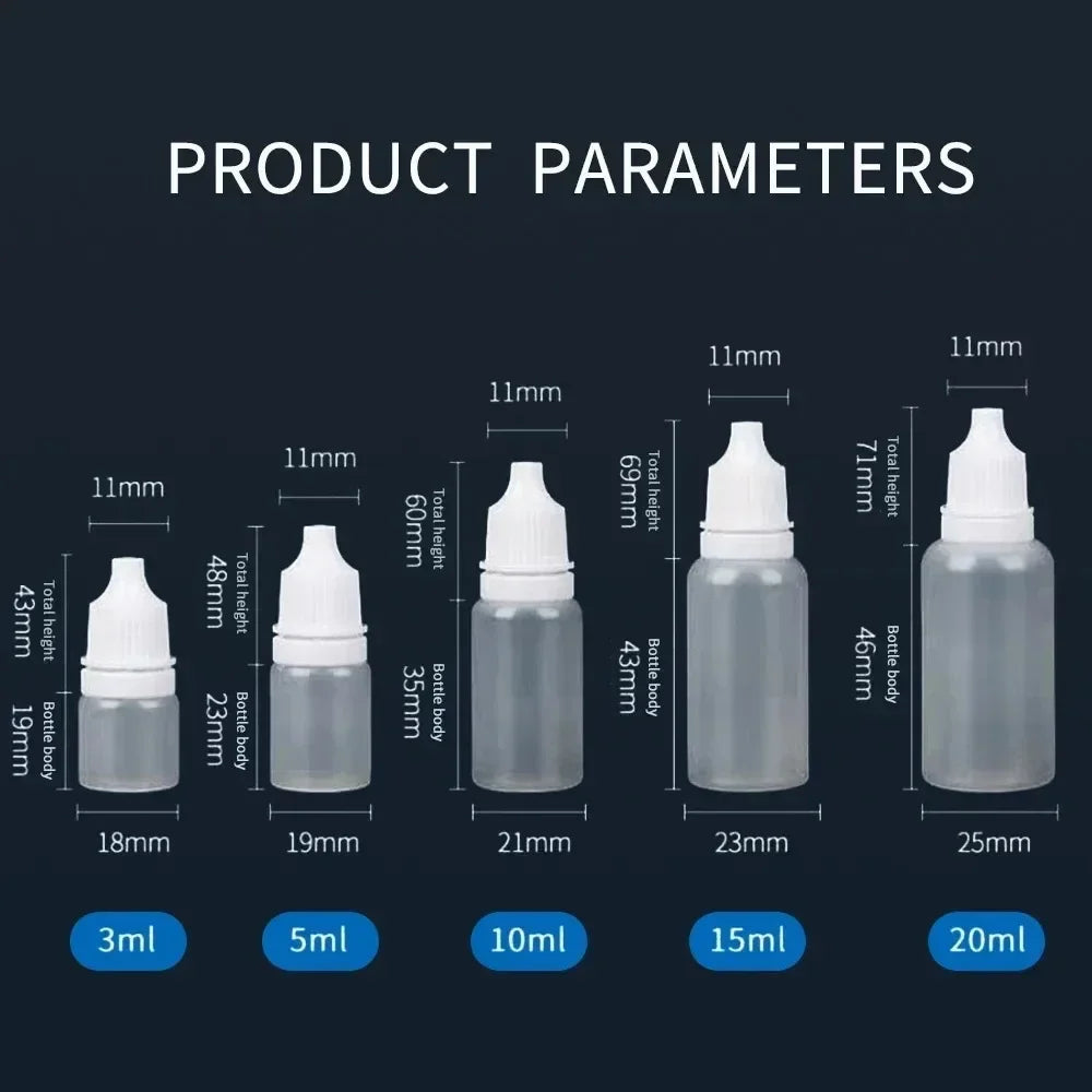 Diagram showing precision liquid droppers with various volumes from 3ml to 20ml, detailing total height and bottle body dimen