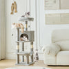 A multi-level sisal cat climbing tree with a gray structure and cats climbing on it, set in a bright room.