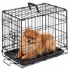 A black foldable metal pet crate with a security lock containing a fluffy orange dog.