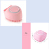 Pink silicone pet bath massage brush with foam maker shown from the side and top view.