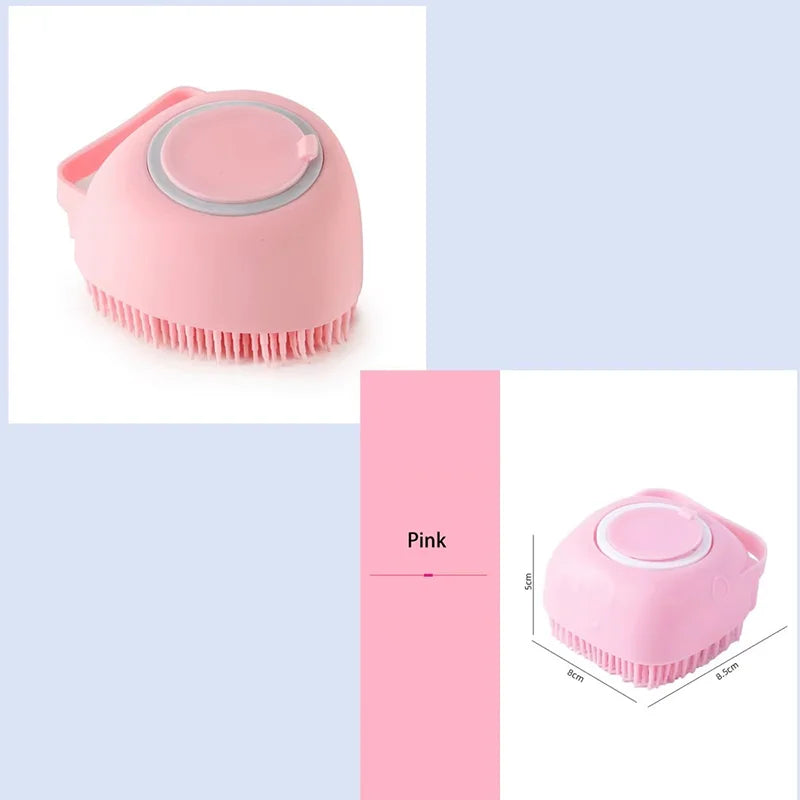 Pink silicone pet bath massage brush with foam maker shown from the side and top view.