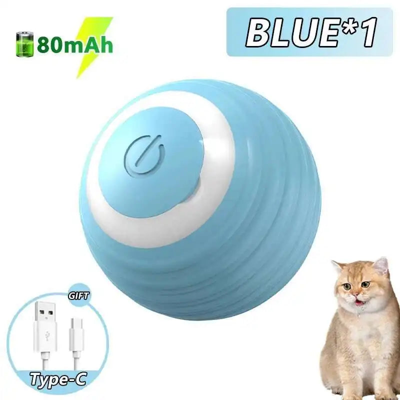 Blaues elektronisches Haustierball mit weißem Licht neben einer Katze.