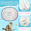 A white waterproof and non-stick cat litter box liner pad with a blue edge shown next to a cat.