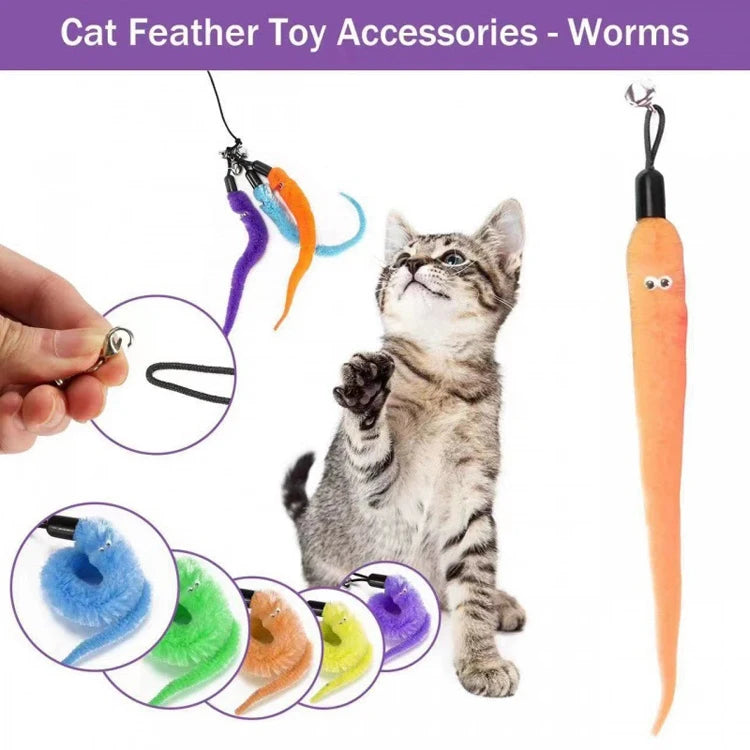 A tabby kitten is shown next to various worm-shaped cat feather toy accessories, including orange and purple ones.