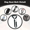 Vue détaillée d'une ceinture de sécurité pour chien noire montrant divers composants comme les boucles et les attaches de lai