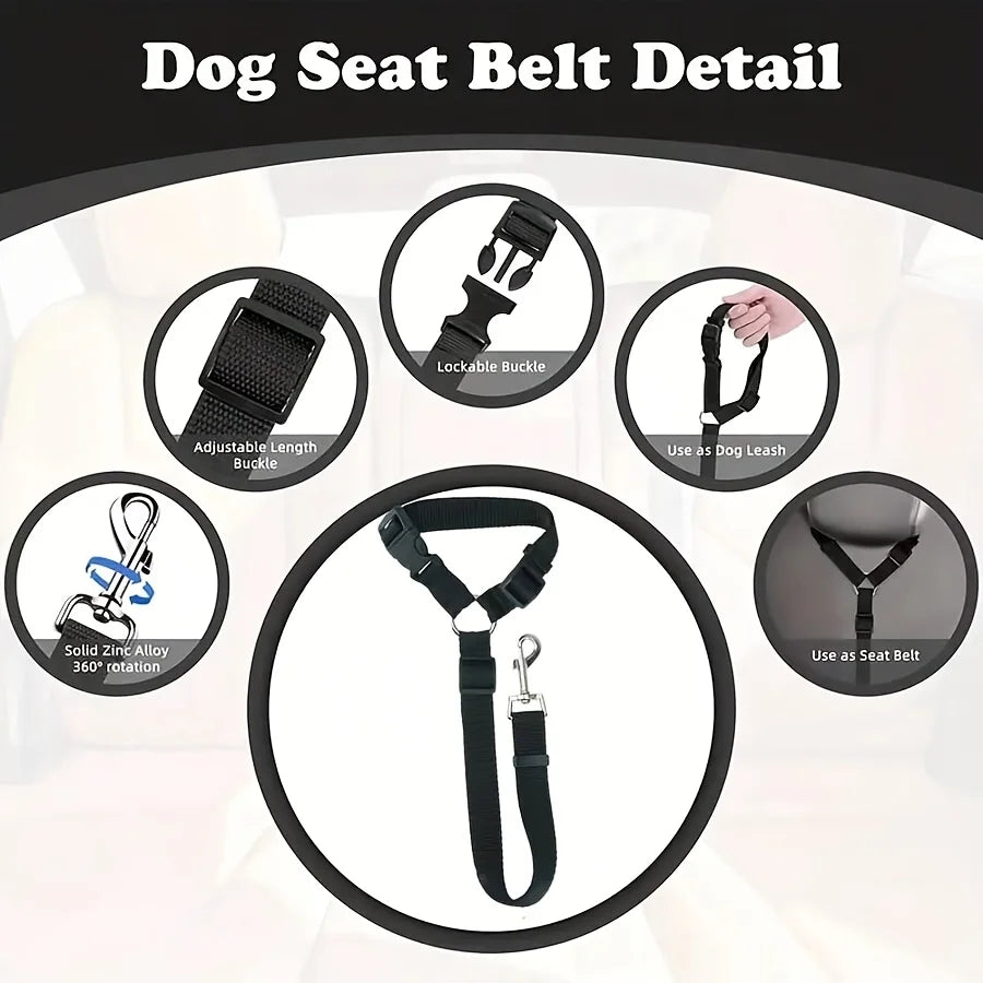 Vue détaillée d'une ceinture de sécurité pour chien noire montrant divers composants comme les boucles et les attaches de lai