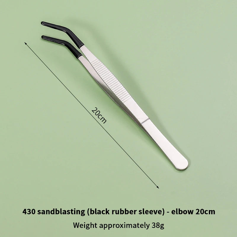 Edelstahl-Greifzange mit schwarzen Gummihüllen, 20 cm lang und ca. 38 g.
