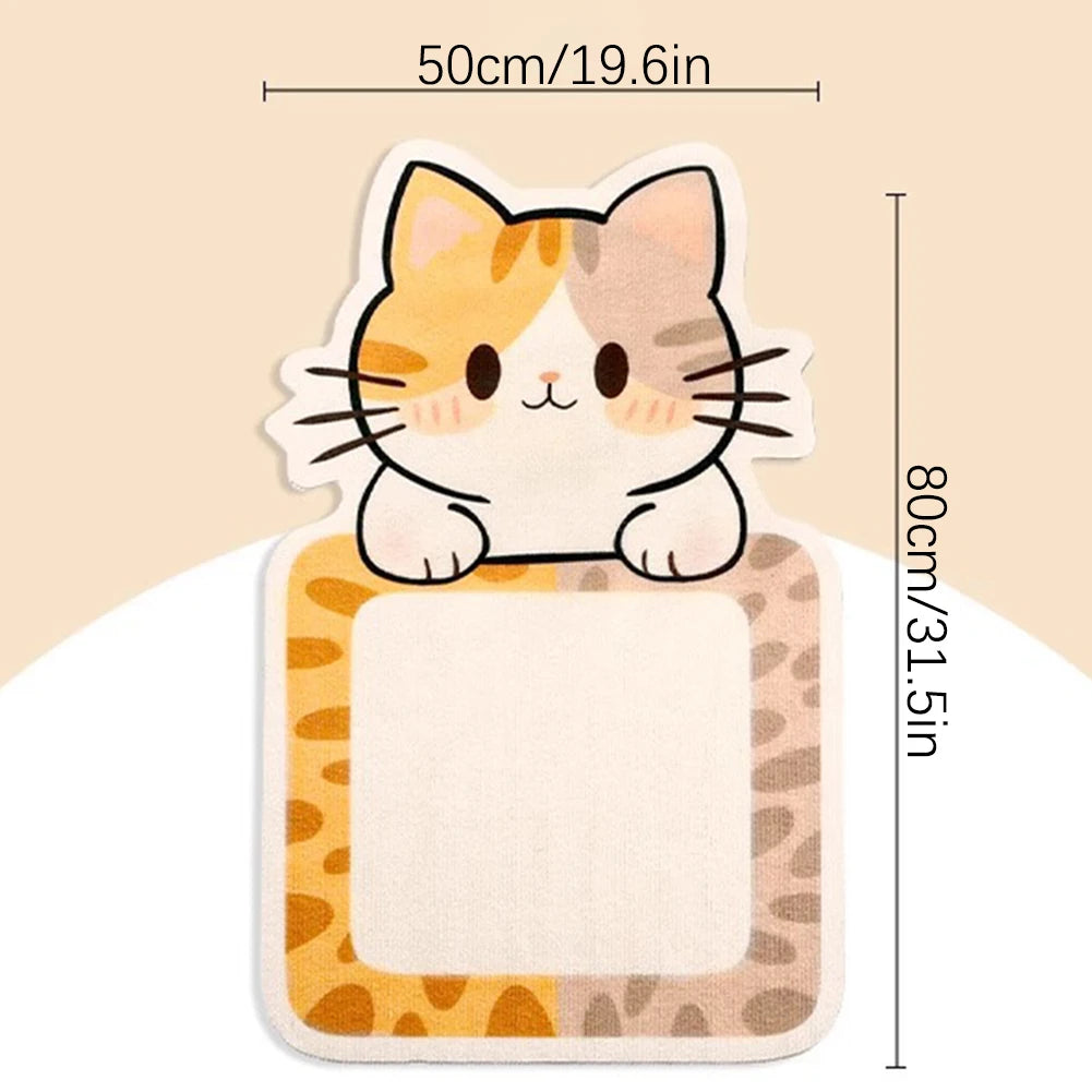 A wall-mounted cat scratcher featuring a cute orange and white striped cat design on a beige fabric.