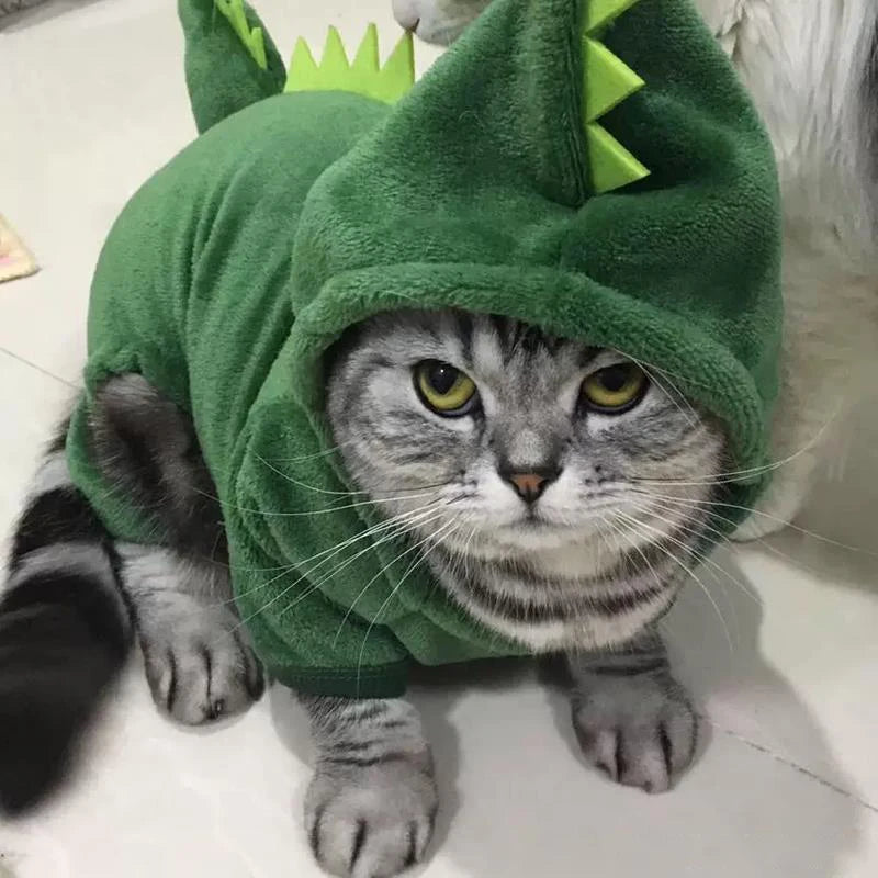 A domestic cat wearing a green fleece jumpsuit with a hood and pointed ears.