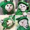 A close-up of a cat wearing a green frog design pet hoodie.