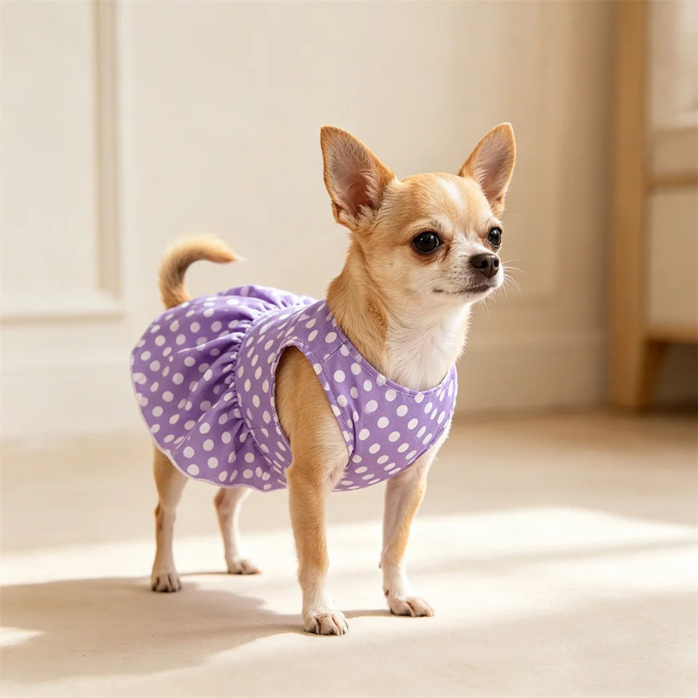 A small, light brown dog wearing a purple polka dot dress while standing indoors.