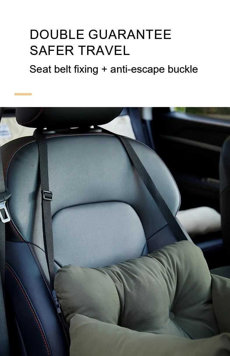 A close-up of a car seat showing seat belt fixing and an anti-escape buckle on the seat.