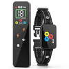 A black dog training collar with a digital screen and remote control is shown next to the wearable device.