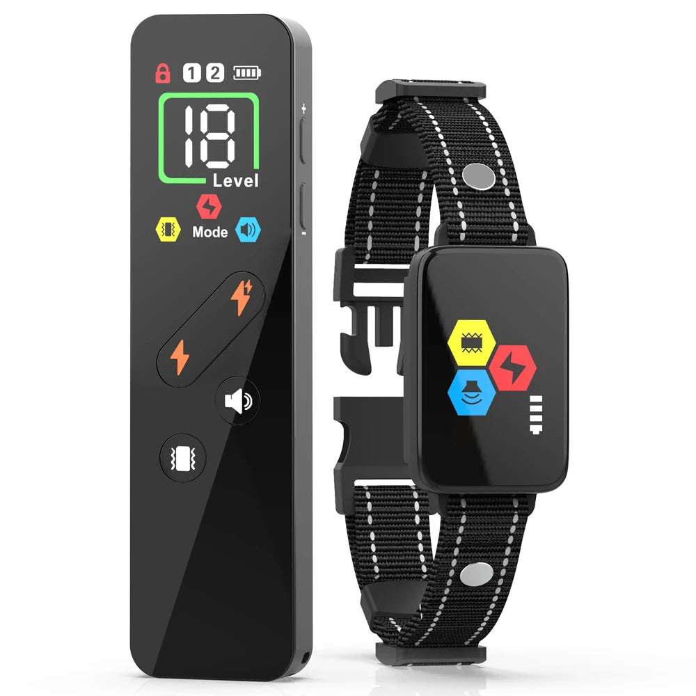 A black dog training collar with a digital screen and remote control is shown next to the wearable device.
