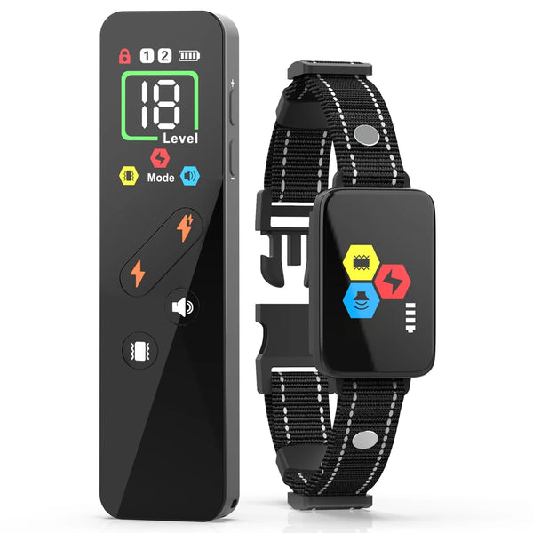 A black dog training collar with a digital screen and remote control is shown next to the wearable device.