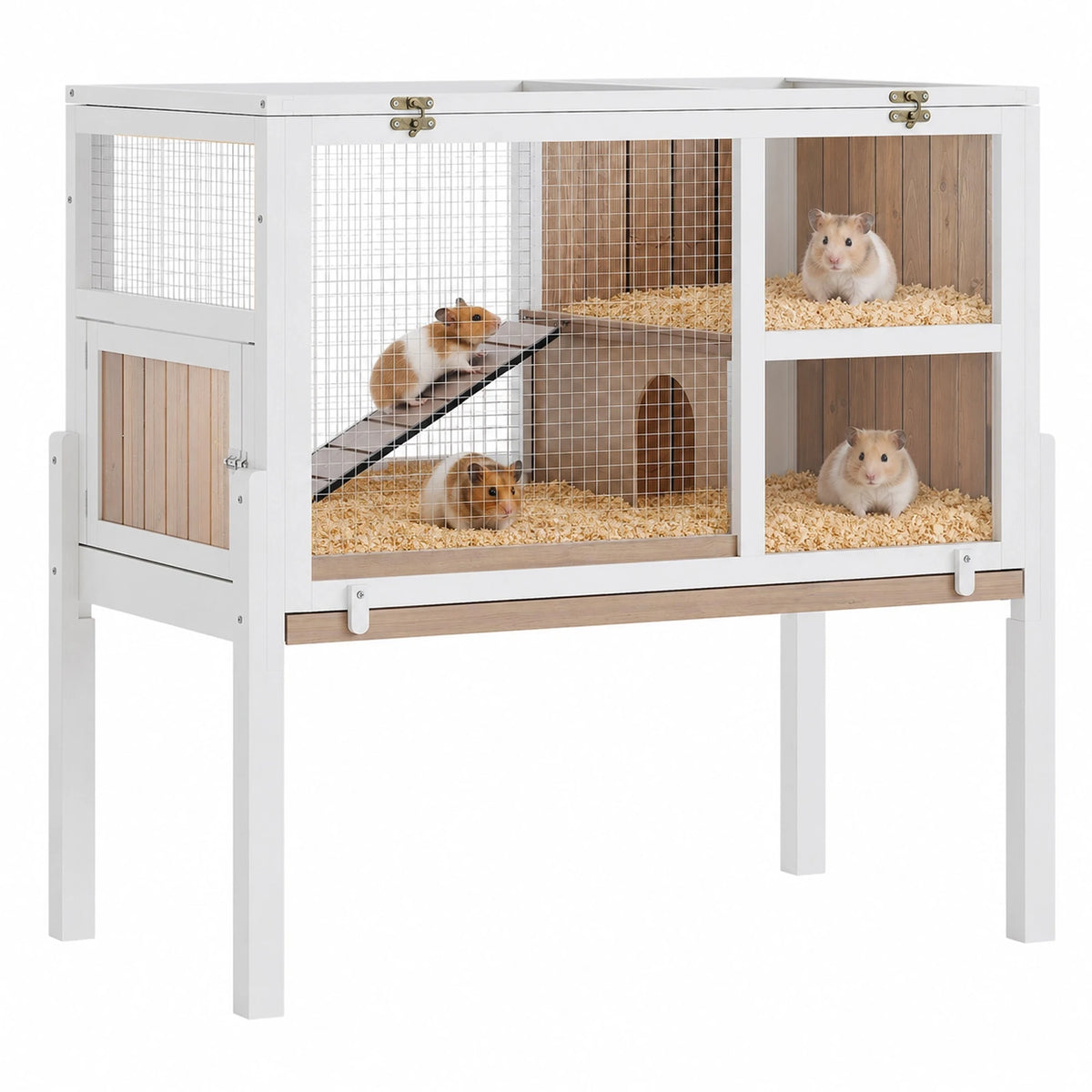 A white two-story wooden guinea pig cage with a stand, featuring wire mesh enclosures and bedding.