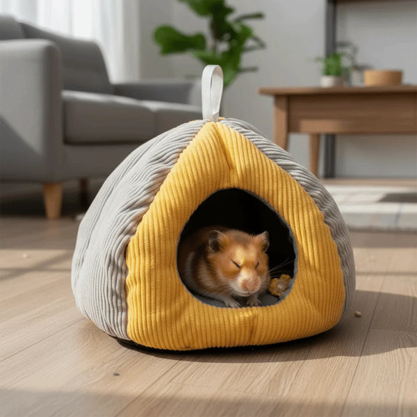 A cozy plush hanging nest shaped like a cone is placed on a wooden floor.