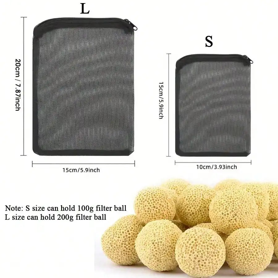 Two mesh filter bags, large (L) and small (S), are shown next to a pile of yellow filter balls.