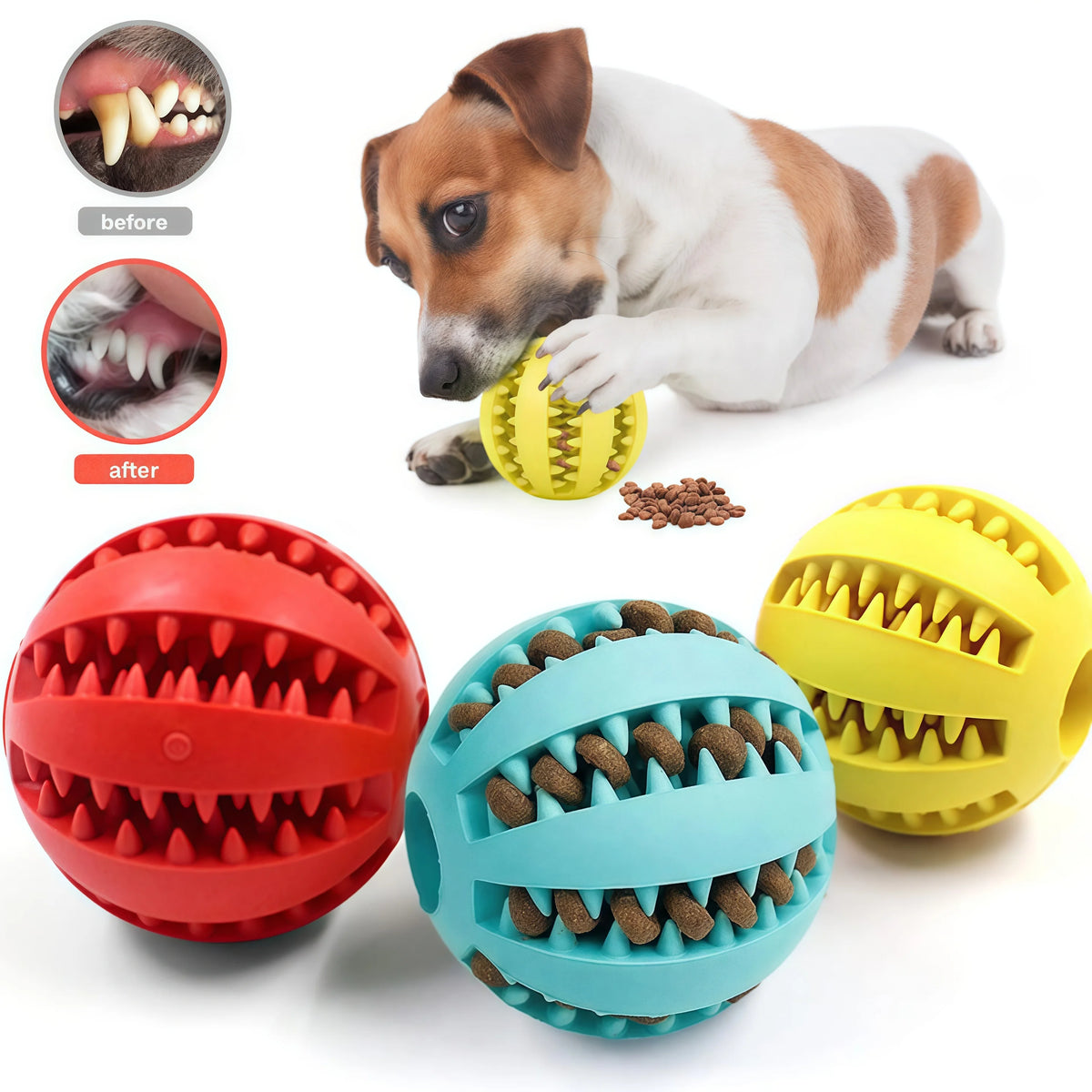 A dog is shown with before and after mouth images, alongside three rubber balls for dispensing treats.