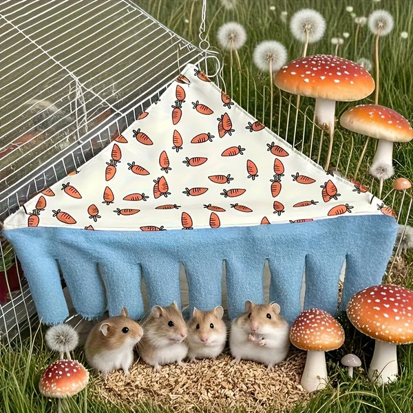 A washable pet hideaway hammock tent with a blue fabric and straw-like bristles, featuring small rodents and mushrooms.