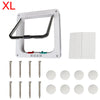 A white 4-way locking pet door frame and various metal locking components for dogs and cats