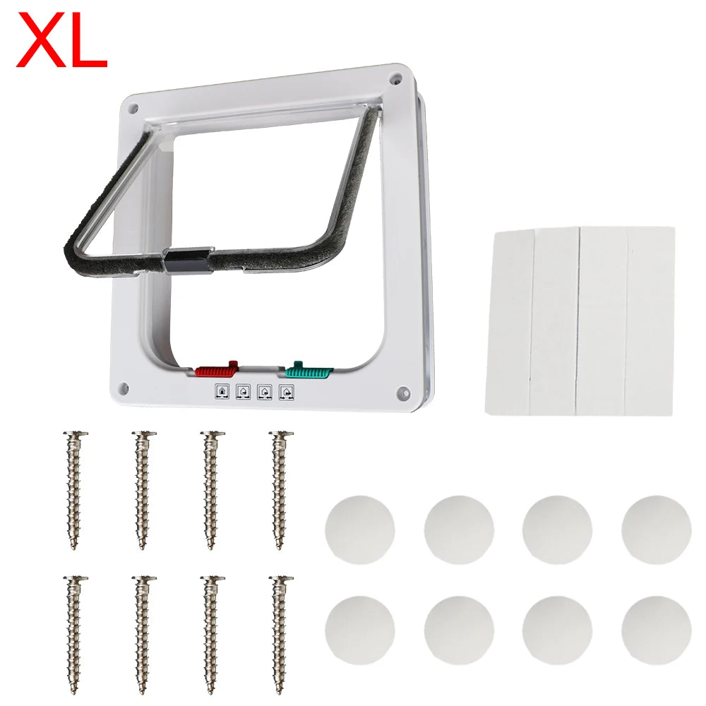 A white 4-way locking pet door frame and various metal locking components for dogs and cats