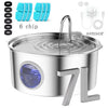 A stainless steel pet water fountain with a visible sensor and six replacement chips.