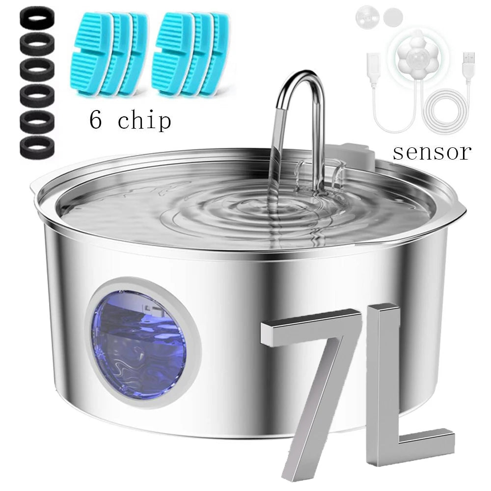 A stainless steel pet water fountain with a visible sensor and six replacement chips.