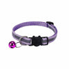 Purple reflective cat collar with a black breakaway buckle and attached bell.
