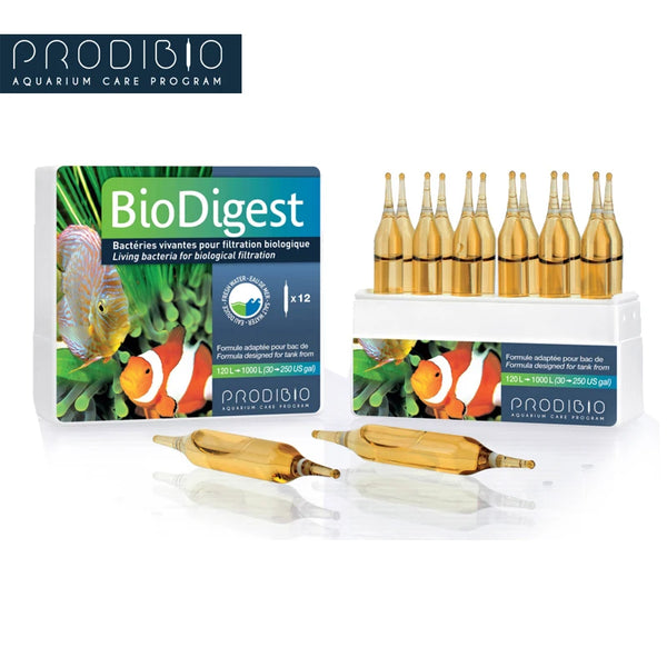 Biodigest bacteria solution for aquarium care program including bottles and a box