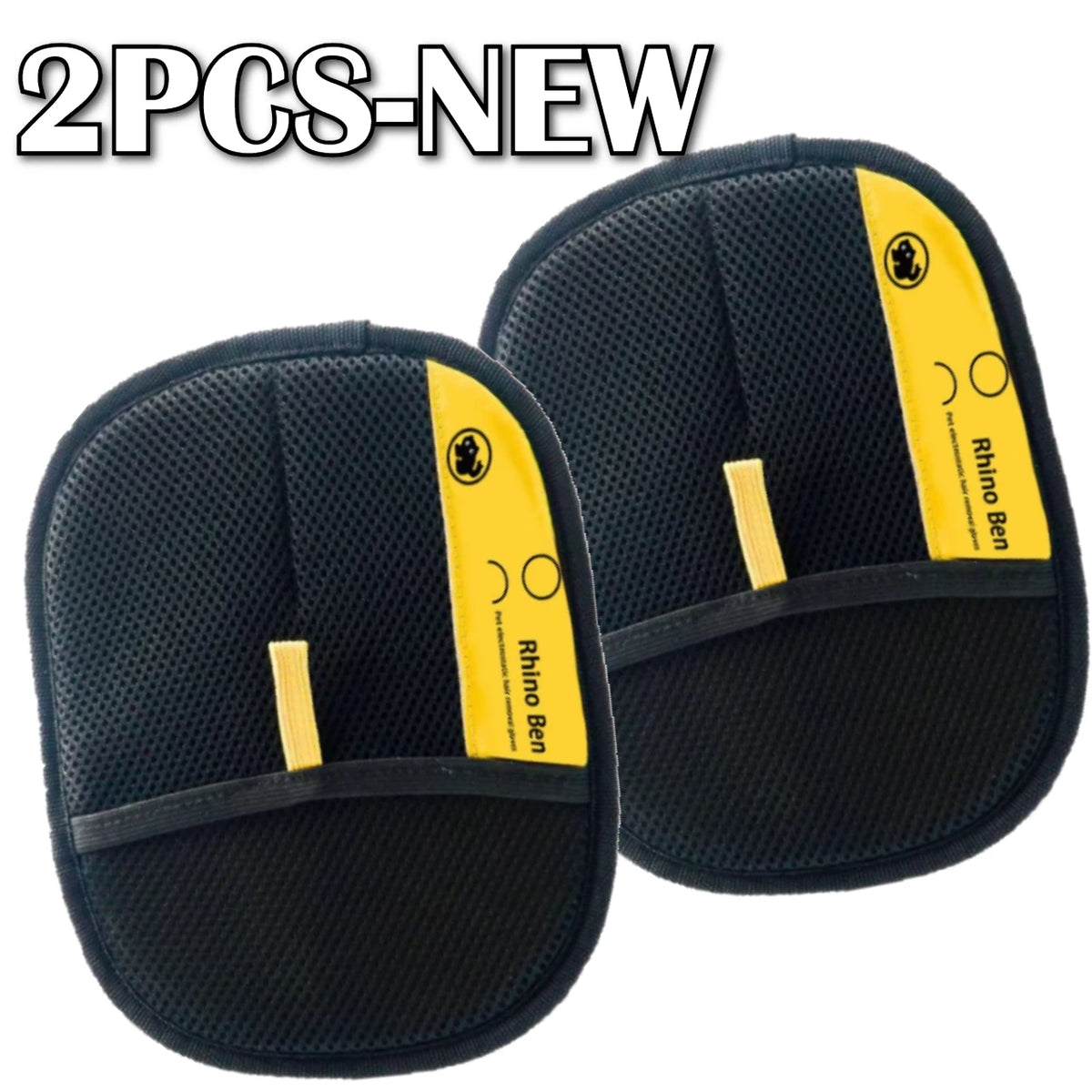 Two new pairs of black electrostatic pet hair remover gloves with yellow accents.