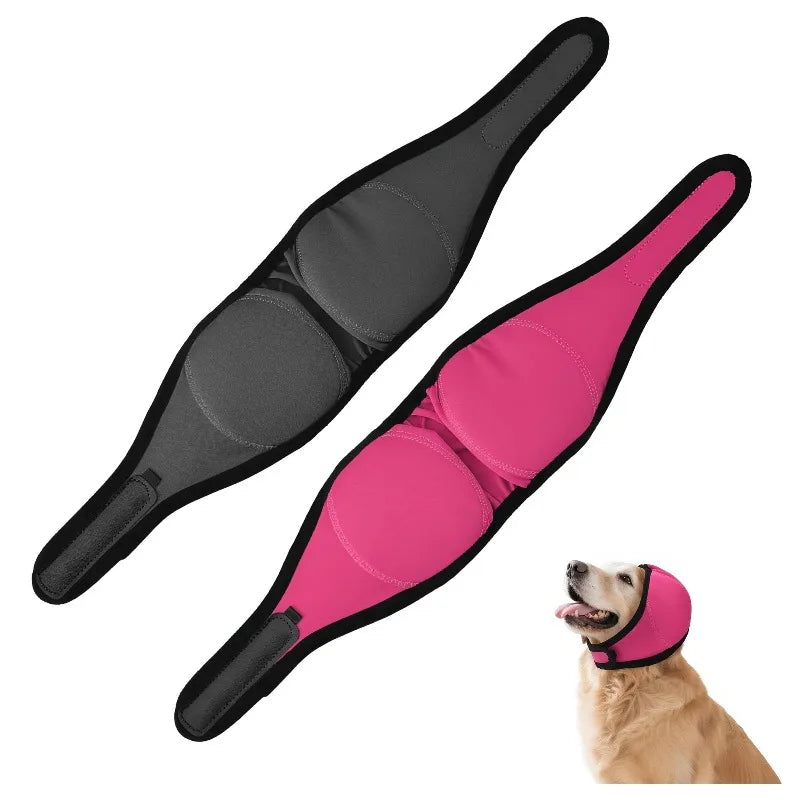 A pink dog noise reduction ear muff is shown next to a golden retriever.