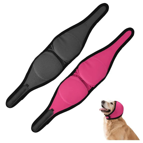 A pink dog noise reduction ear muff is shown next to a golden retriever.