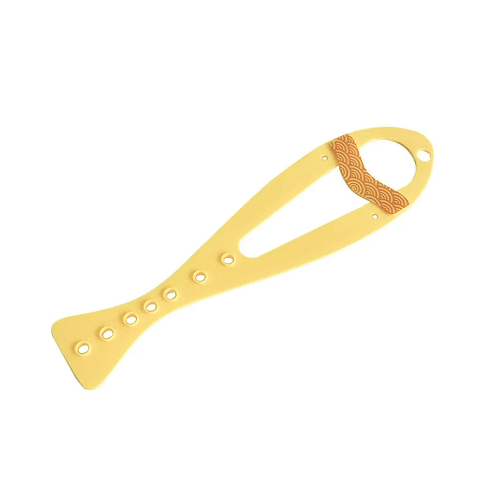 Yellow adjustable pet door stopper featuring a flexible opening and multiple small holes for secure fitting.