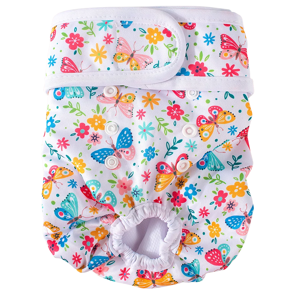 Reusable female dog diapers with colorful floral patterns and white trim.