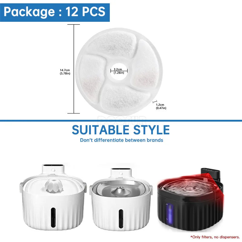 A package of 12 replacement filters for pet water fountains shown alongside the filter discs.