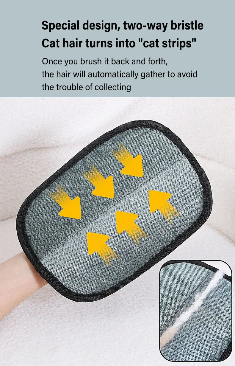 A close-up view of a gray pet hair removal glove with two-way bristles showing hair gathering in strips.