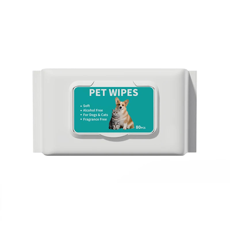 A package of pet wipes featuring a graphic of a dog and a cat, labeled as soft alcohol free and fragrance free.