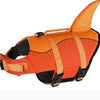 Orange dog life jacket designed for swimming, featuring a dorsal fin shape.