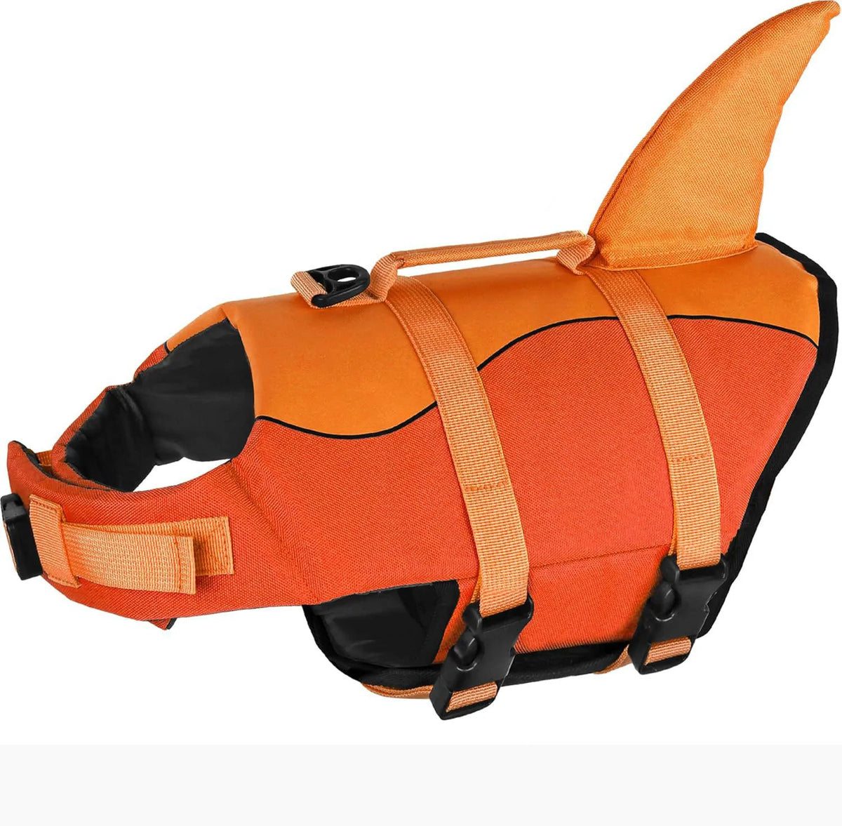 Orange dog life jacket designed for swimming, featuring a dorsal fin shape.