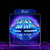 A blue LED flying boomerang ball with glowing lights is displayed against a dark background.