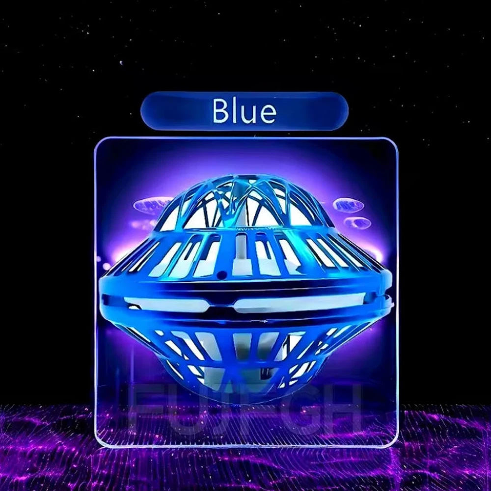 A blue LED flying boomerang ball with glowing lights is displayed against a dark background.