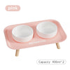 Pink pet food tray with two white bowls, capacity 400ml each.